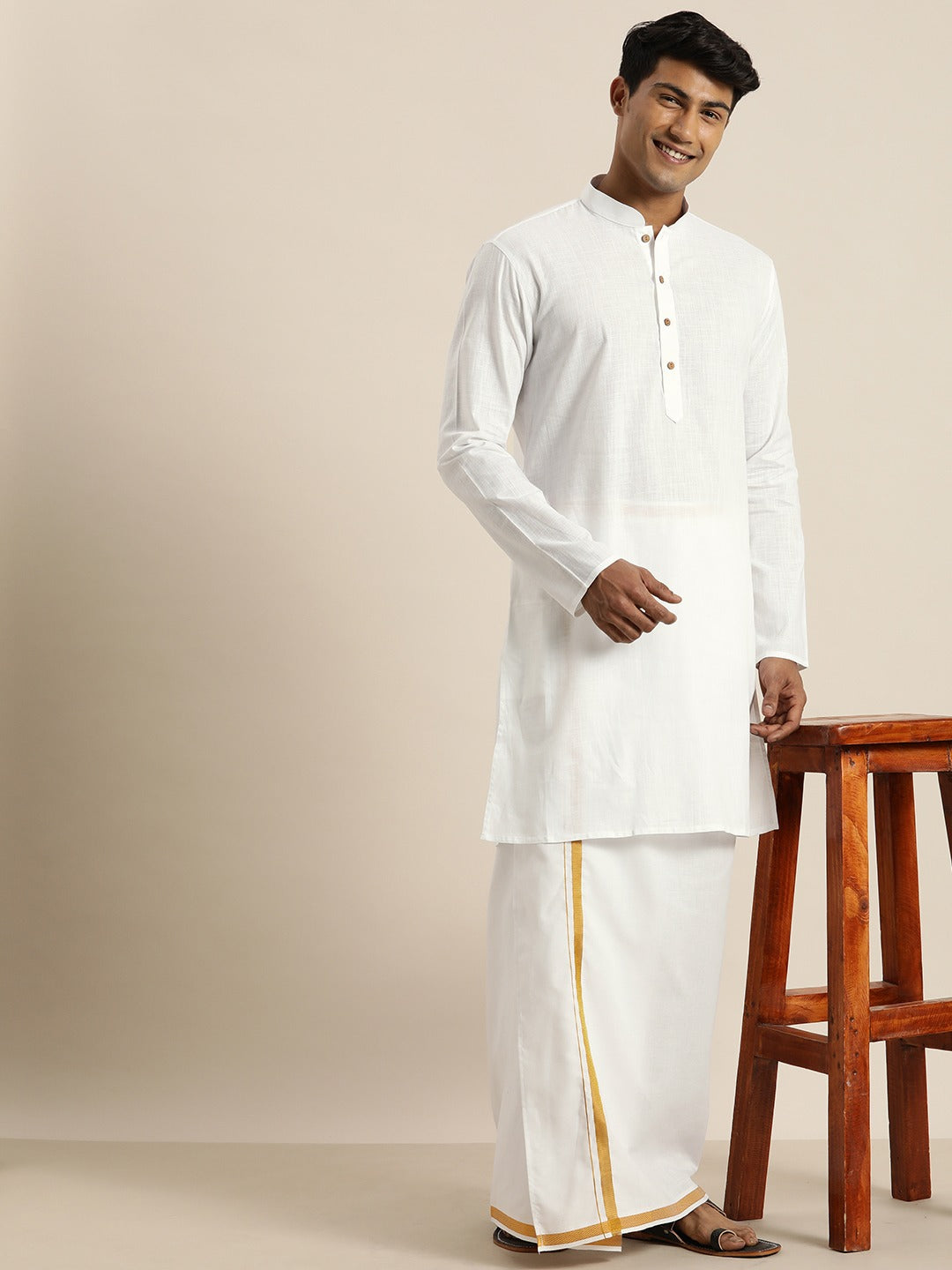 Vastramay Men's White Cotton Kurta And Mundu Set