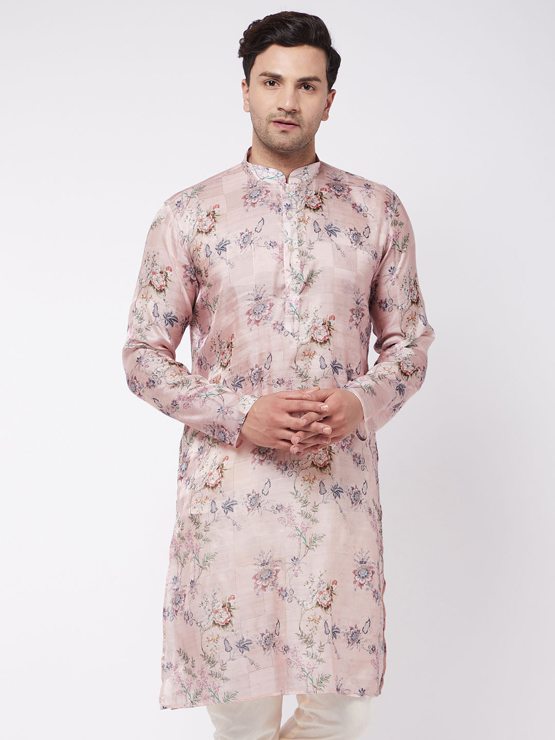 Vastramay Men's Pink Floral Printed Silk Blend Kurta