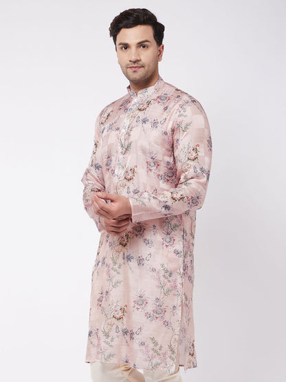 Vastramay Men's Pink Floral Printed Silk Blend Kurta