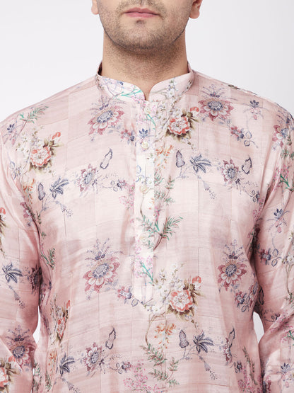 Vastramay Men's Pink Floral Printed Silk Blend Kurta