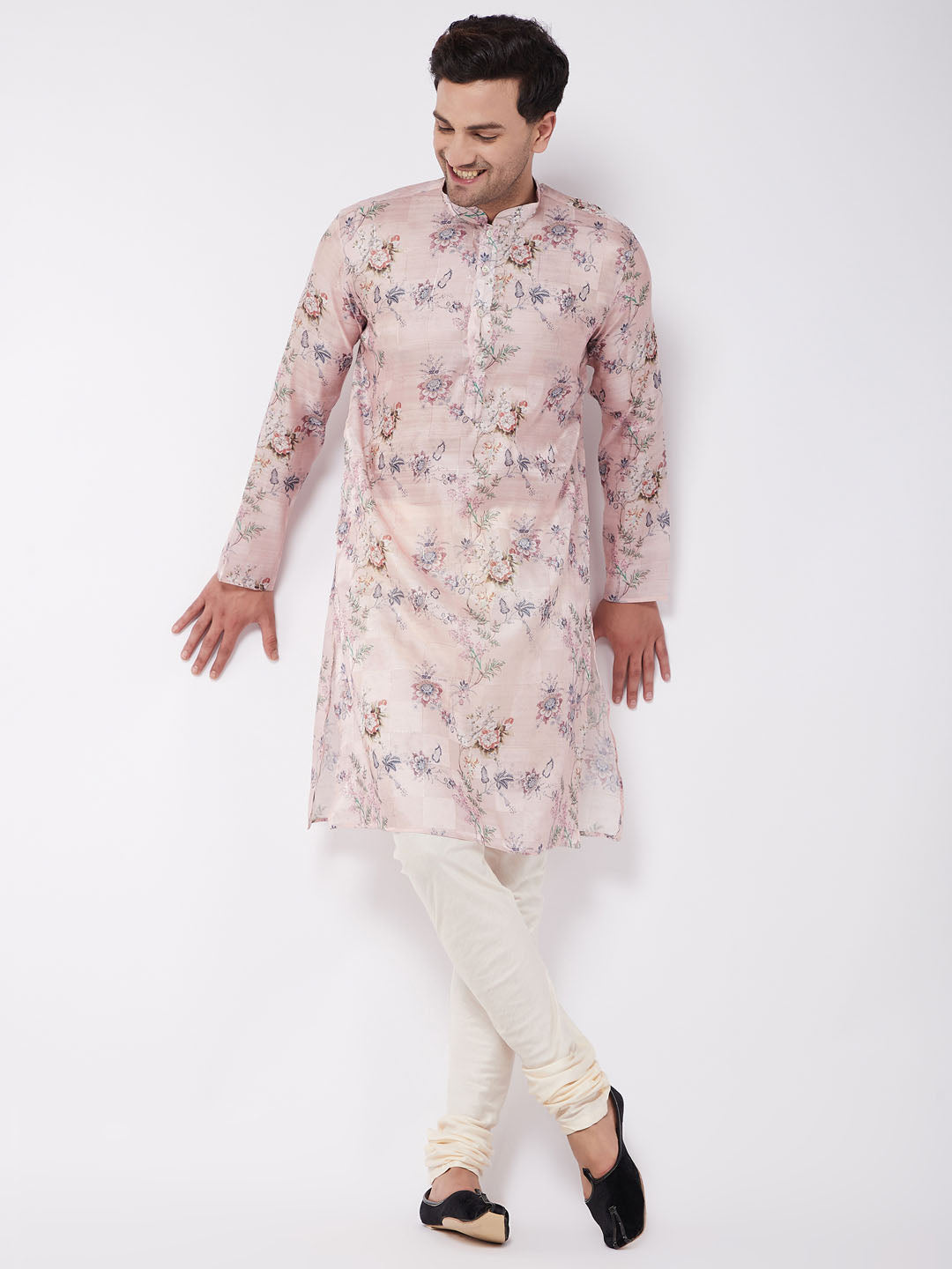 Vastramay Men's Pink Floral Printed Silk Blend Kurta