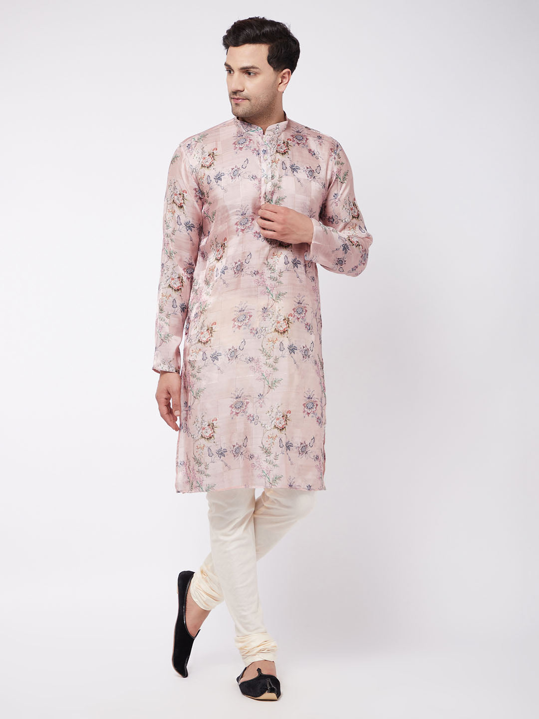 Vastramay Men's Pink Floral Printed Silk Blend Kurta Pyjama Set