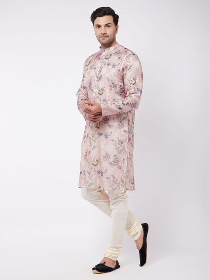 Vastramay Men's Pink Floral Printed Silk Blend Kurta Pyjama Set