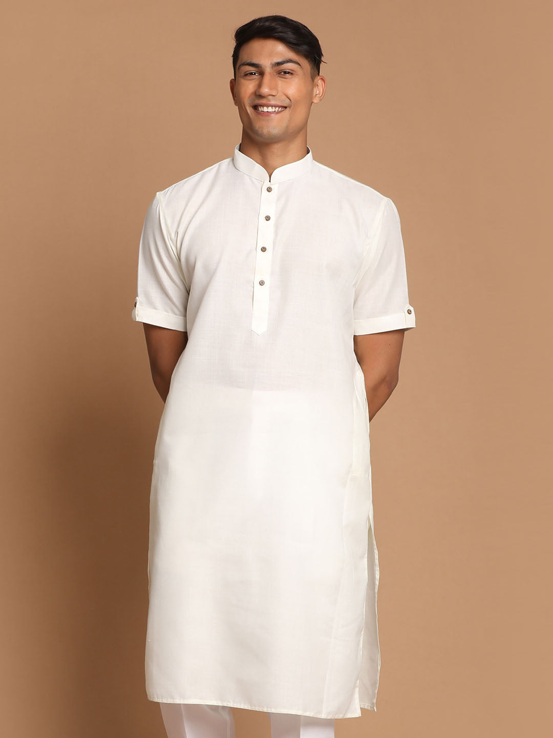 Vastramay Men's Cream Solid Kurta