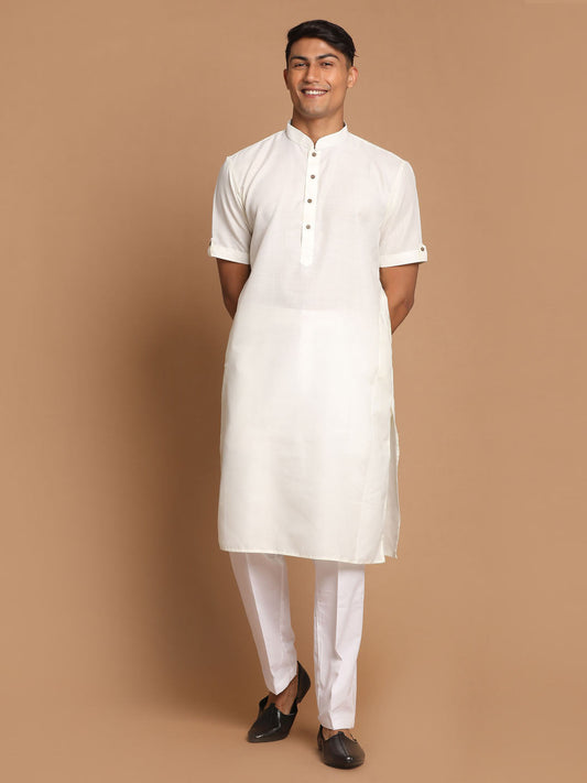 Vastramay mens cream color solid kurta with white pant style cotton pyjama set