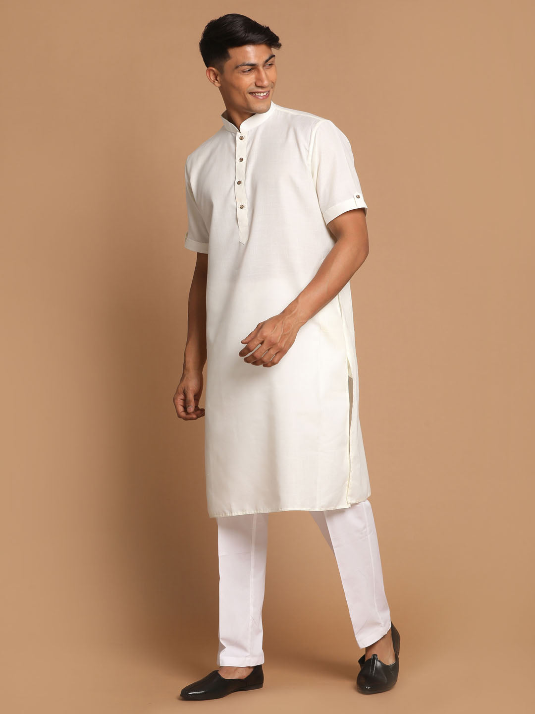 Vastramay mens cream color solid kurta with white pant style cotton pyjama set