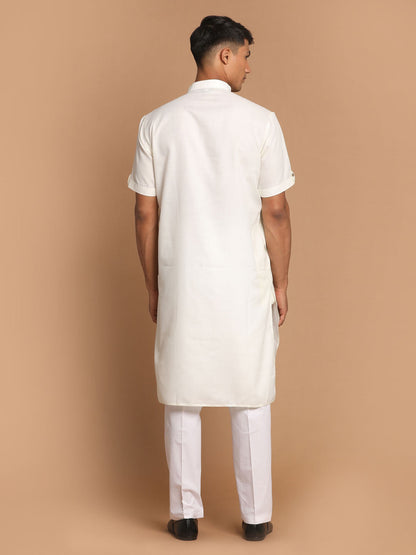 Vastramay mens cream color solid kurta with white pant style cotton pyjama set