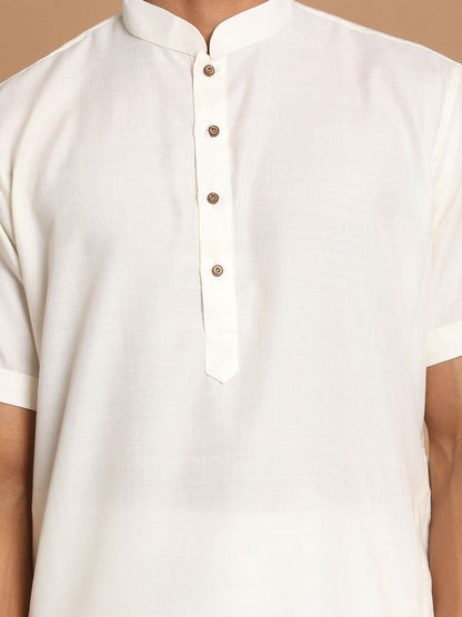 Vastramay mens cream color solid kurta with white pant style cotton pyjama set