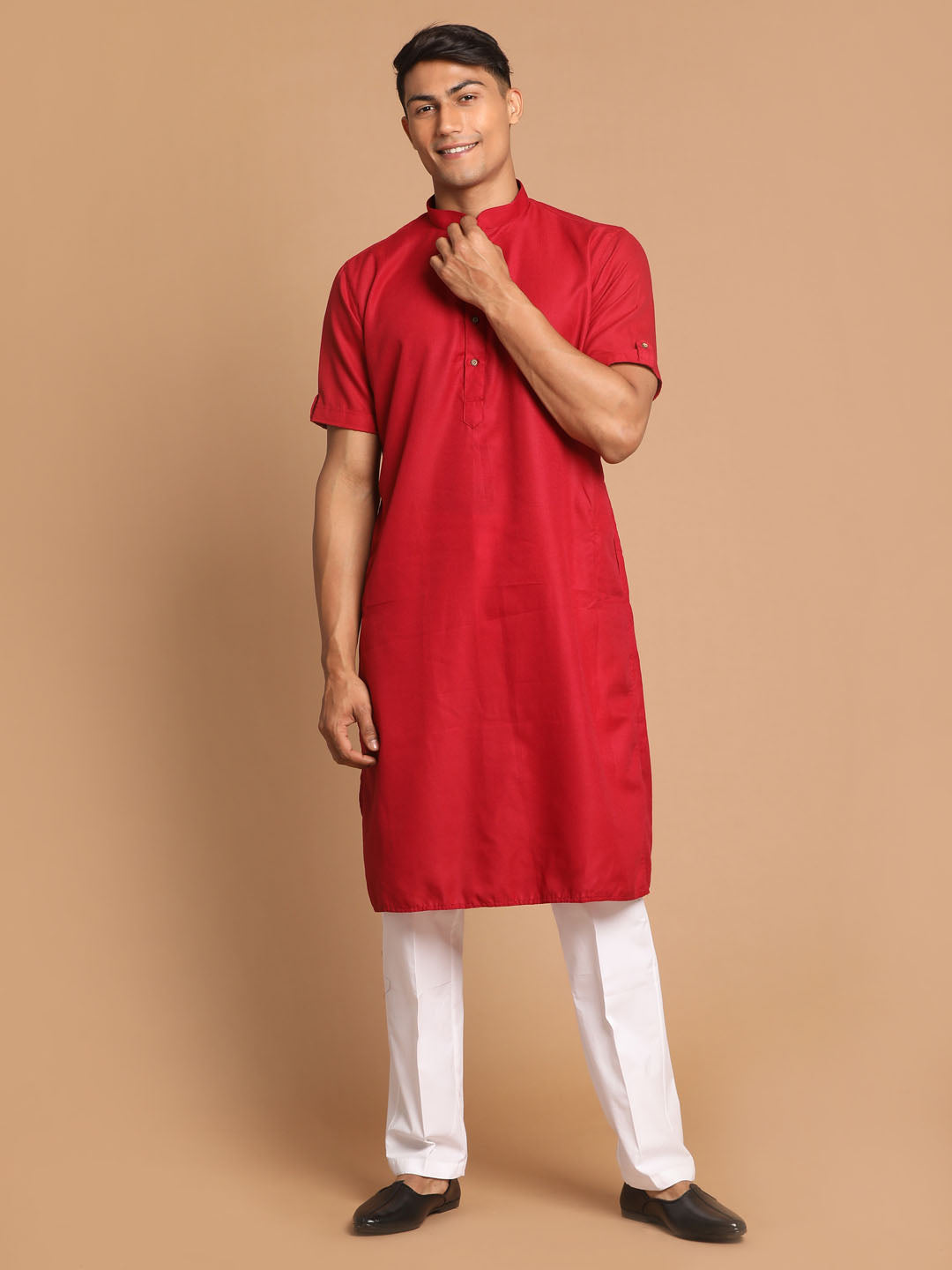 Vastramay mens maroon color solid kurta with white pant style cotton pyjama set