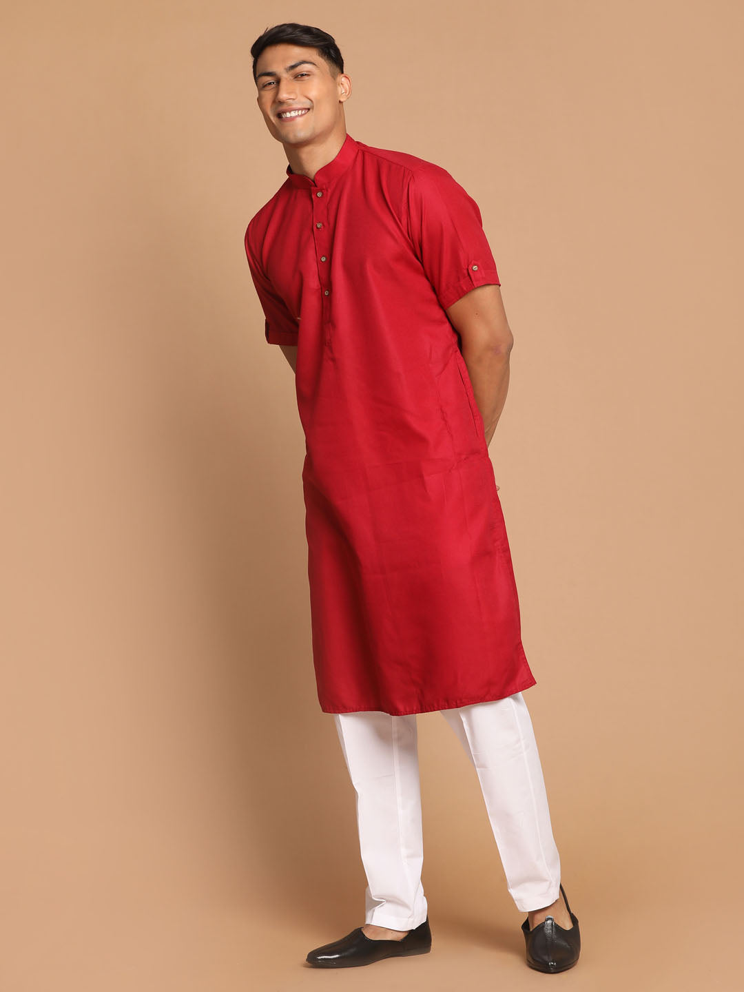 Vastramay mens maroon color solid kurta with white pant style cotton pyjama set