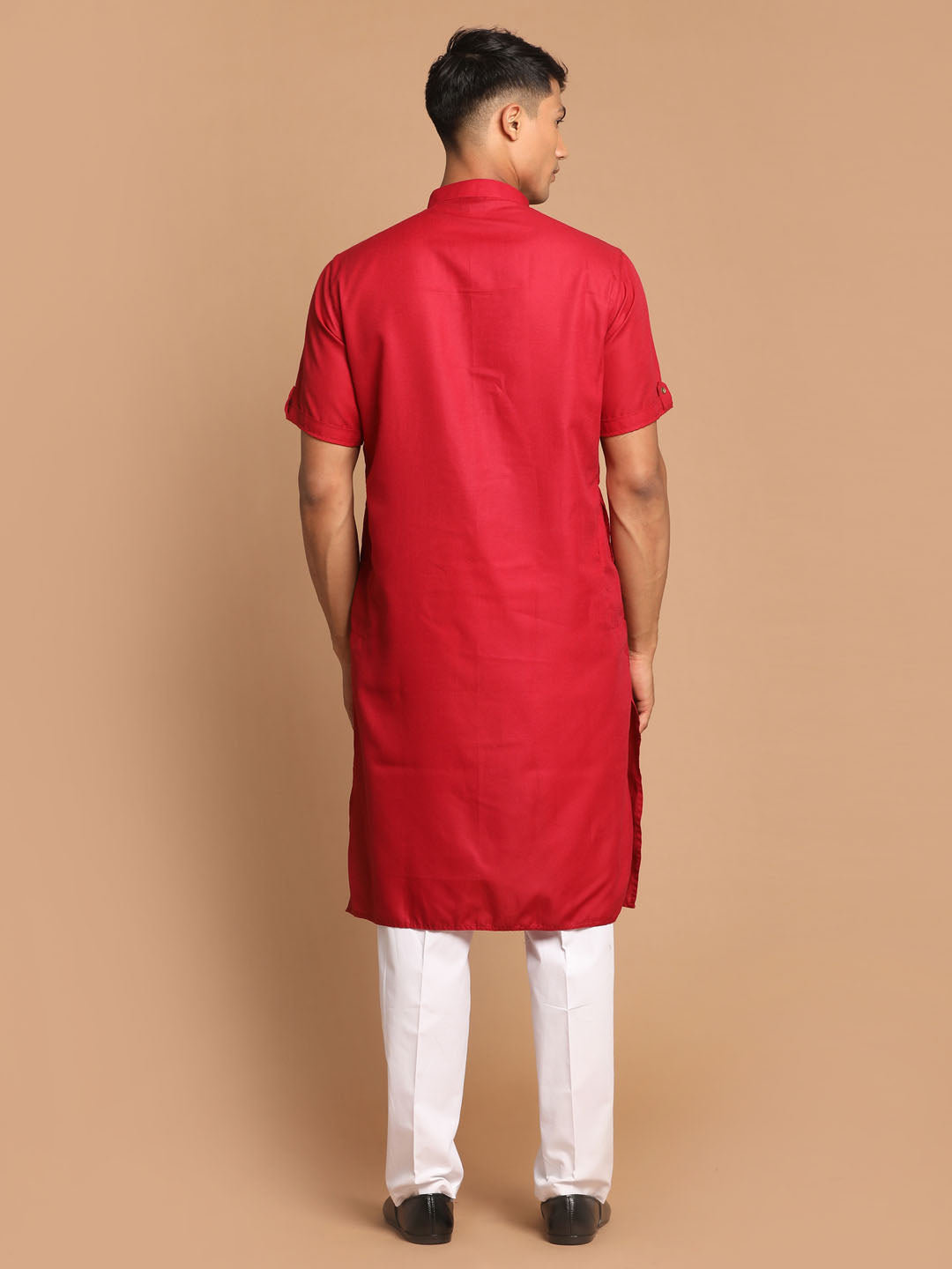 Vastramay mens maroon color solid kurta with white pant style cotton pyjama set