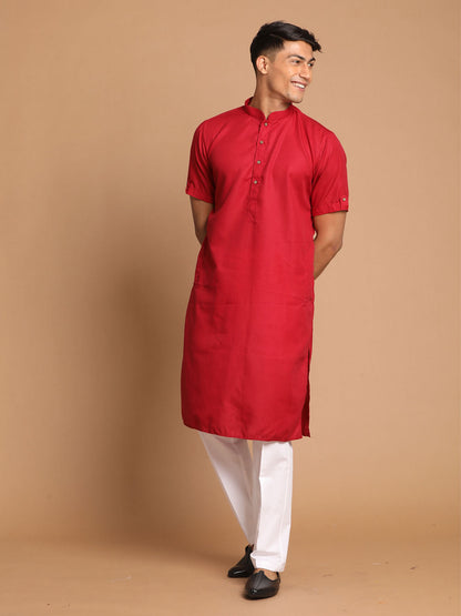 Vastramay Men's Maroon Solid Kurta with White Pant style Cotton Pyjama Set