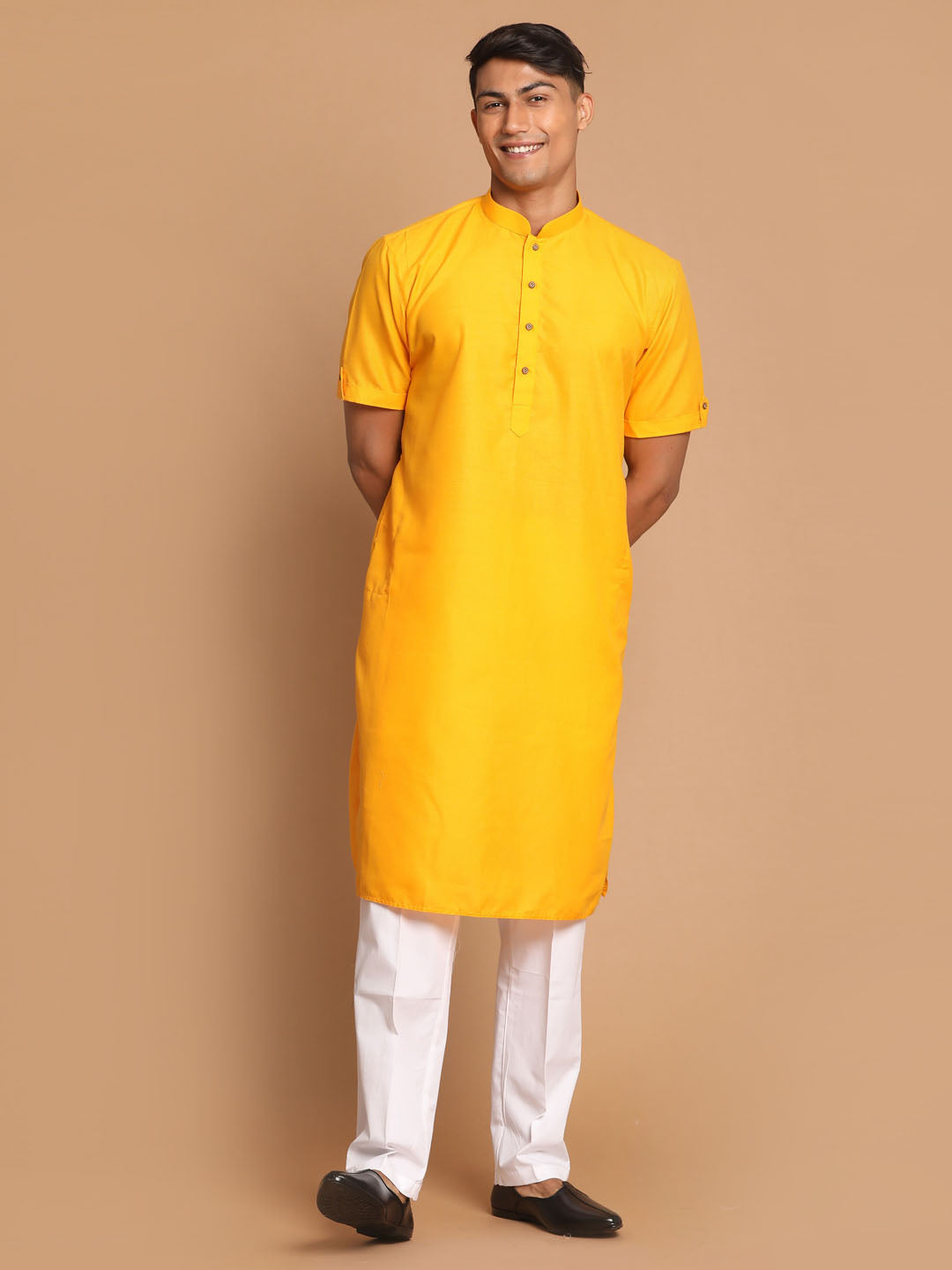 Vastramay mens mustard color solid kurta with white pant style cotton pyjama set