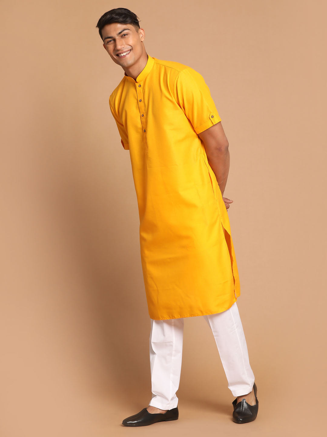 Vastramay mens mustard color solid kurta with white pant style cotton pyjama set