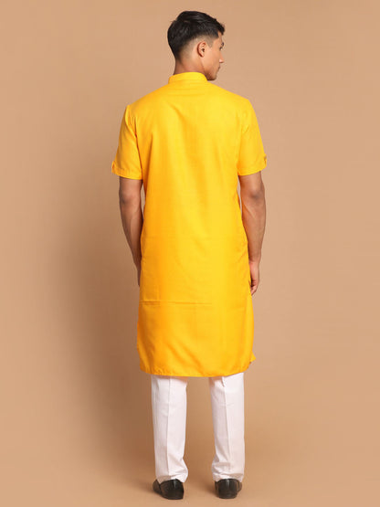 Vastramay mens mustard color solid kurta with white pant style cotton pyjama set