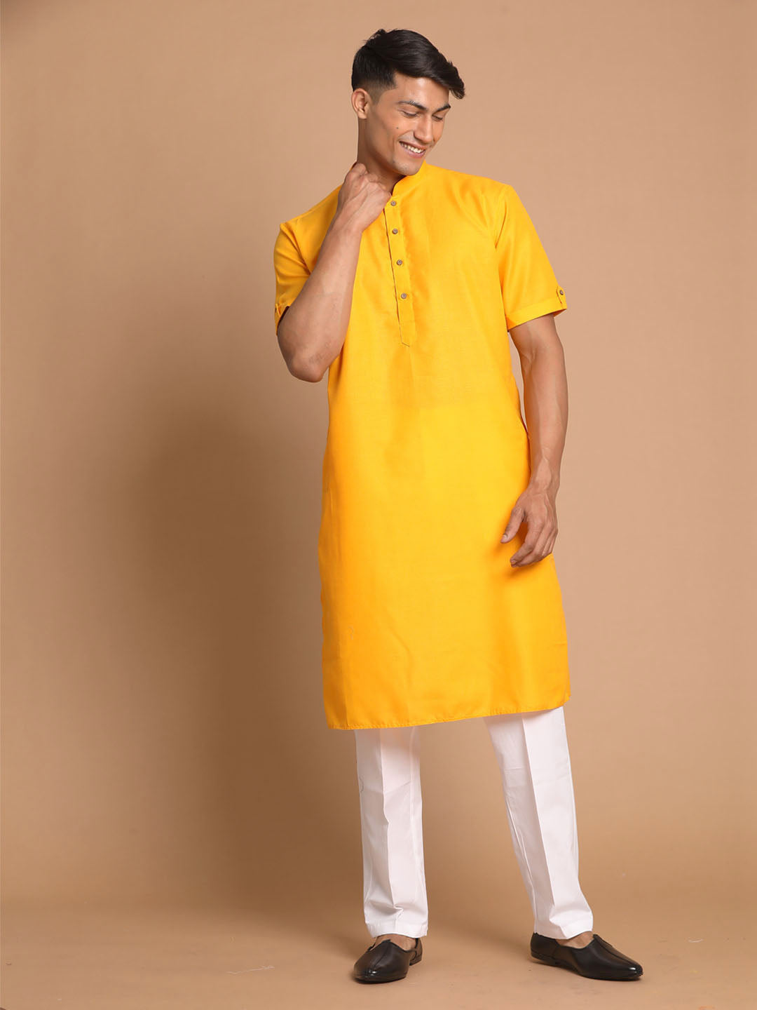 Vastramay Men's Mustard Solid Kurta with White Pant style Cotton Pyjama Set