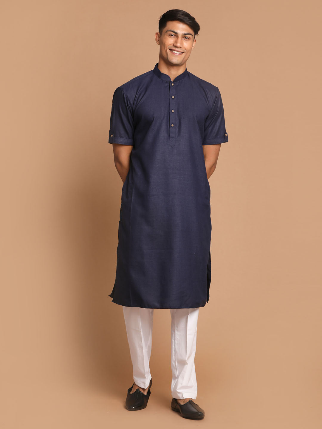 Vastramay mens navy blue color solid kurta with white pant style cotton pyjama set