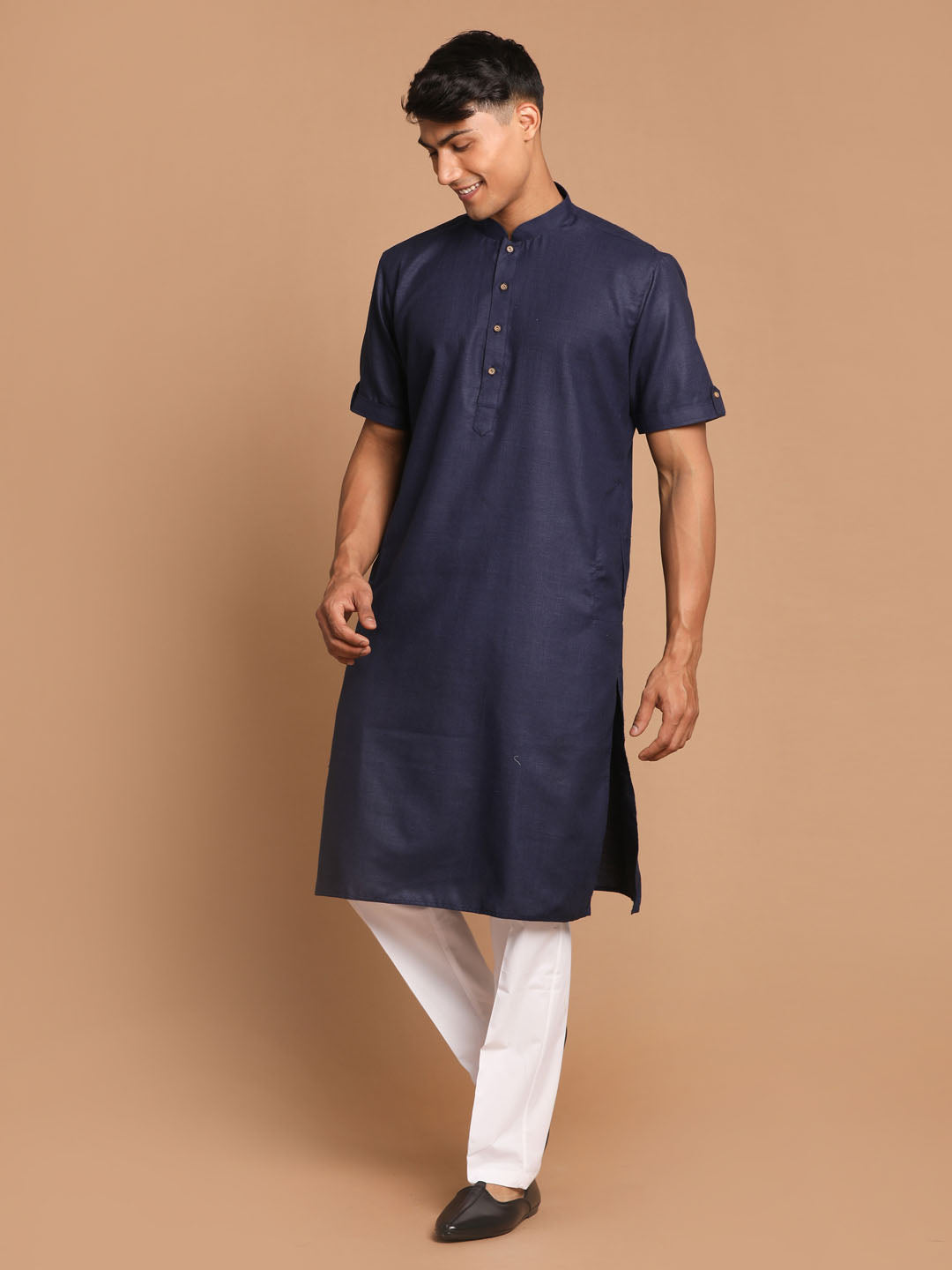 Vastramay mens navy blue color solid kurta with white pant style cotton pyjama set