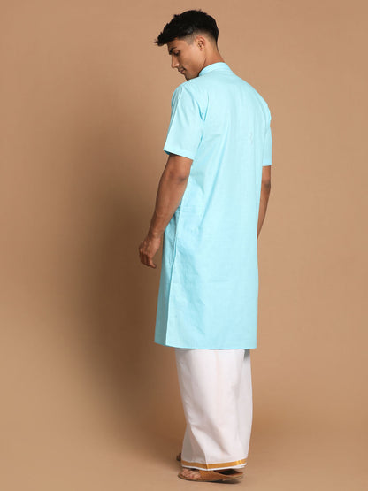 Vastramay Men's Aqua Blue Cotton Kurta And Mundu Set