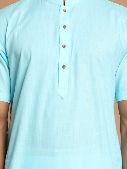 Vastramay Men's Aqua Blue Cotton Kurta And Mundu Set