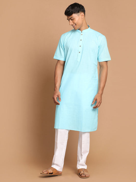 Vastramay mens aqua blue color solid kurta with white pant style cotton pyjama set