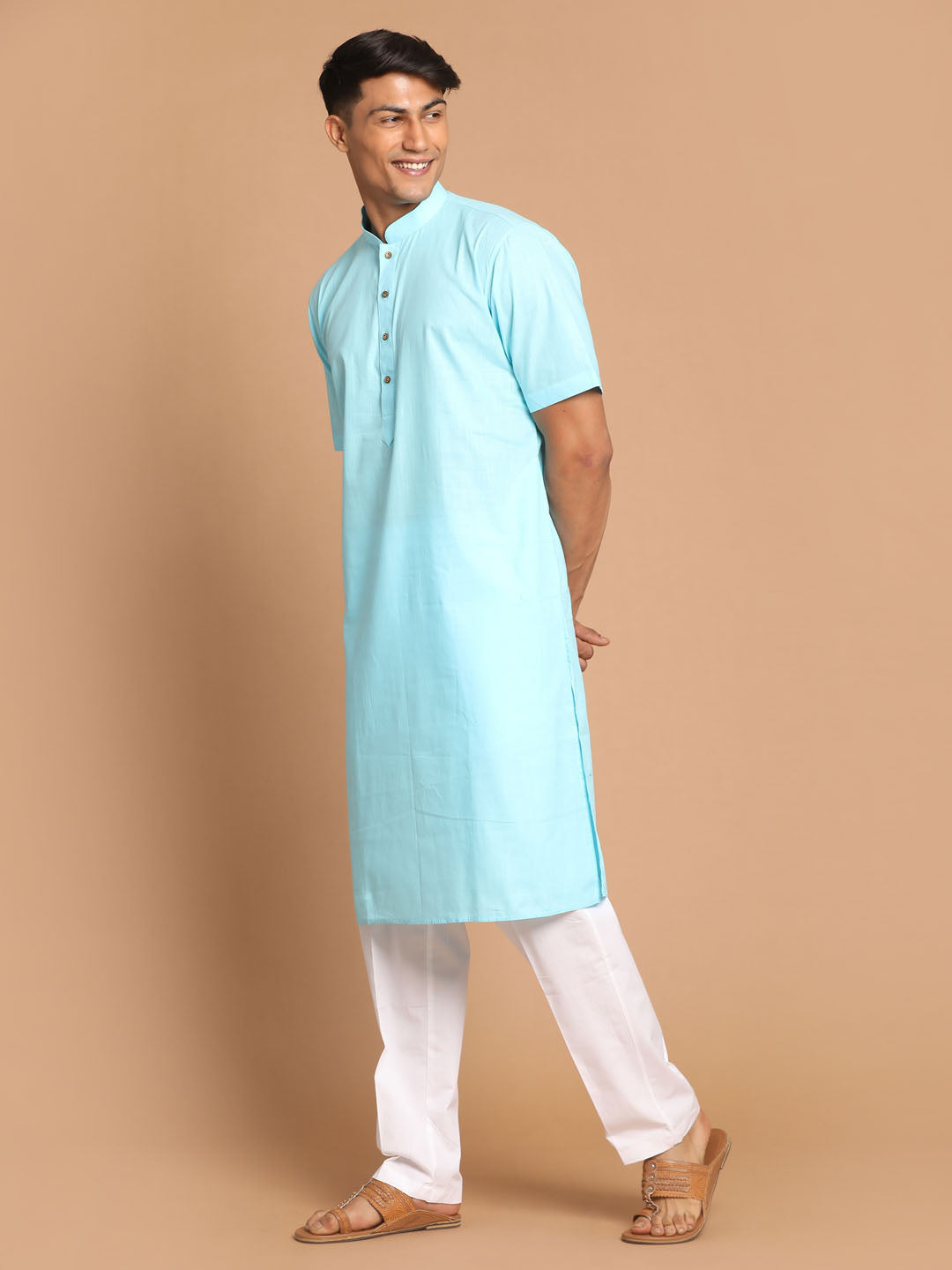 Vastramay mens aqua blue color solid kurta with white pant style cotton pyjama set