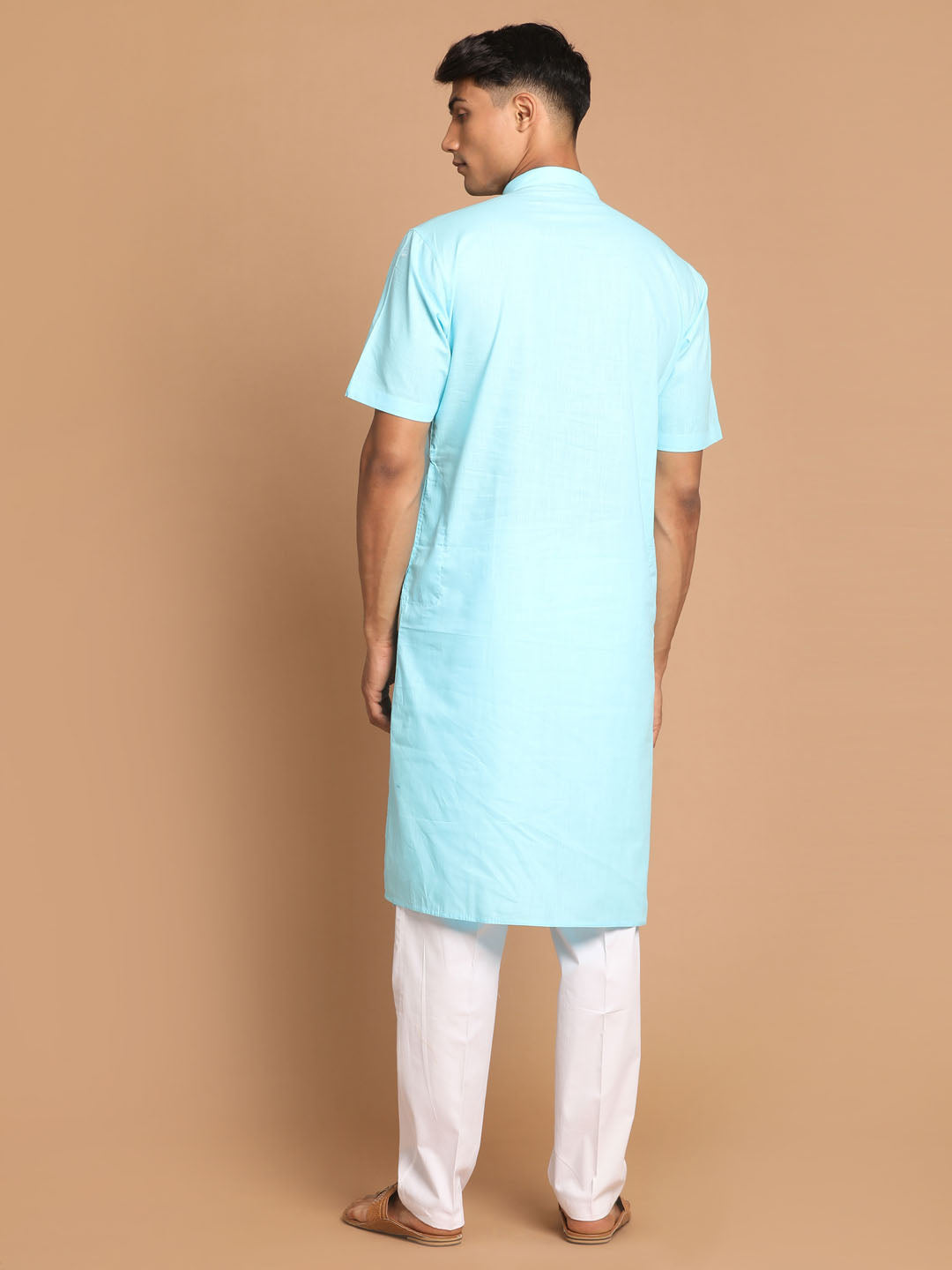 Vastramay mens aqua blue color solid kurta with white pant style cotton pyjama set