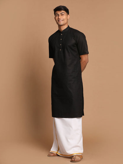 Vastramay Men's Black Cotton Kurta And Mundu Set