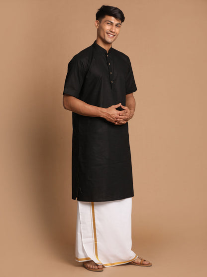 Vastramay Men's Black Cotton Kurta And Mundu Set