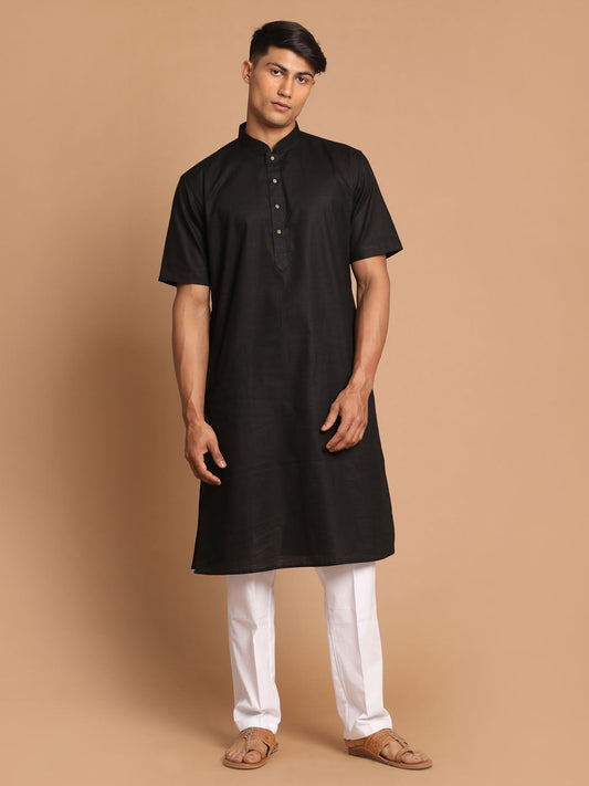 copy of Vastramay mens black color solid kurta with white pant style cotton pyjama set