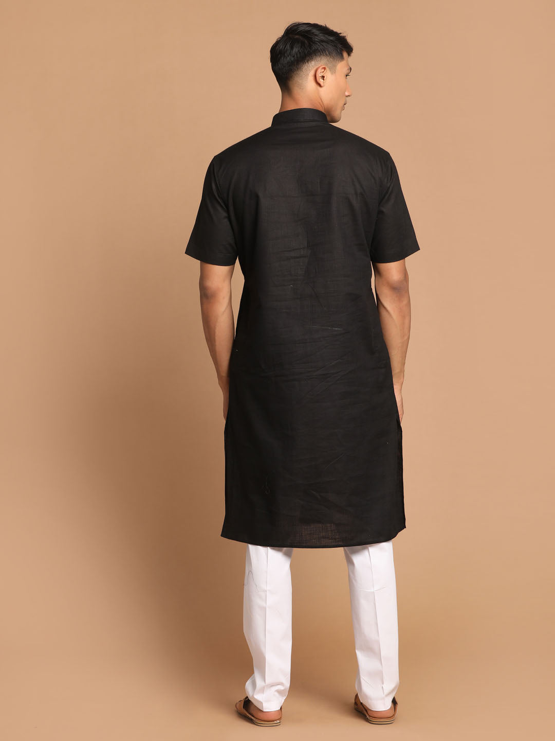 copy of Vastramay mens black color solid kurta with white pant style cotton pyjama set