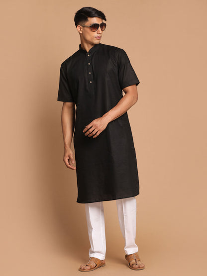 copy of Vastramay mens black color solid kurta with white pant style cotton pyjama set