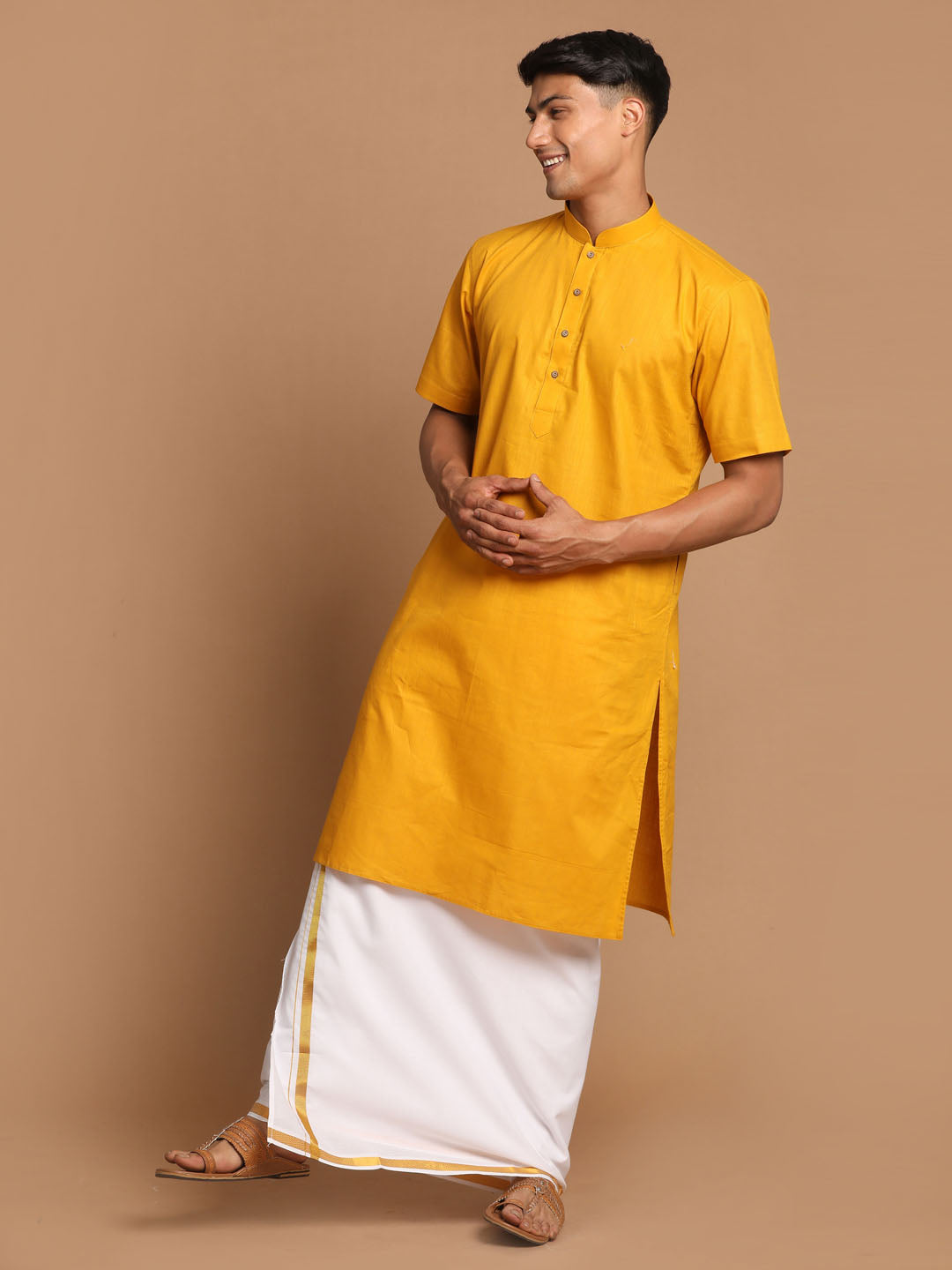 Vastramay Men's Mustard Cotton Kurta And Mundu Set