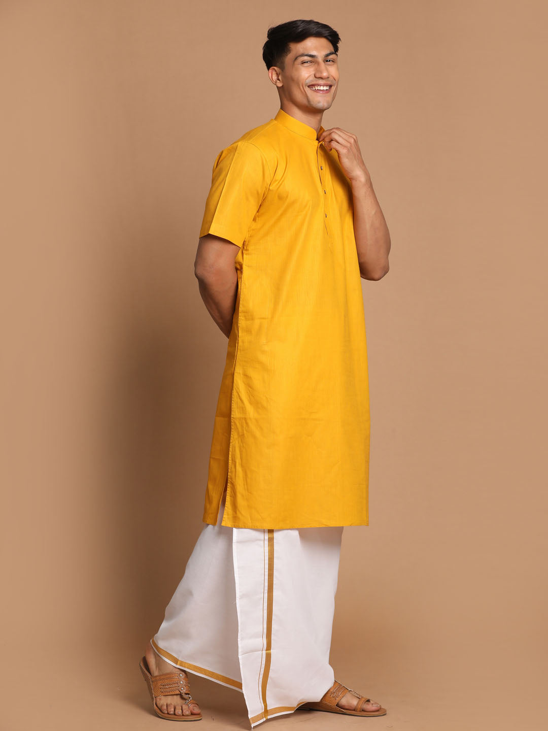 Vastramay Men's Mustard Cotton Kurta And Mundu Set