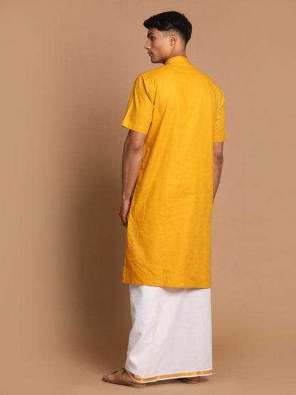 Vastramay Men's Mustard Cotton Kurta And Mundu Set