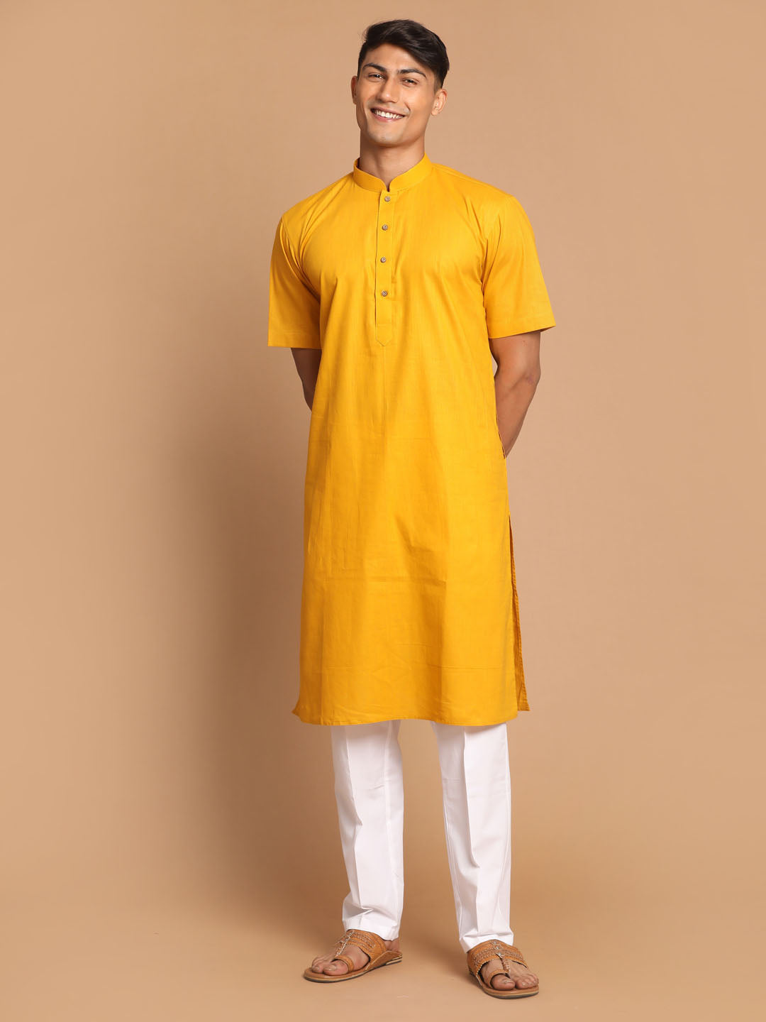 Vastramay mens mustard color solid kurta with white pant style cotton pyjama set 1