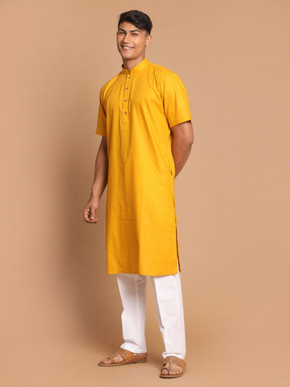 Vastramay mens mustard color solid kurta with white pant style cotton pyjama set 1