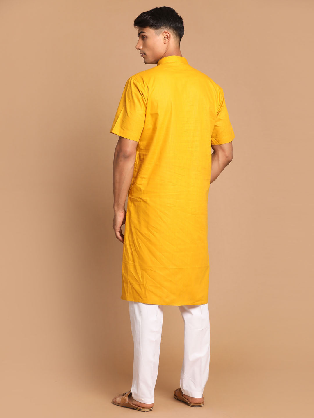 Vastramay mens mustard color solid kurta with white pant style cotton pyjama set 1