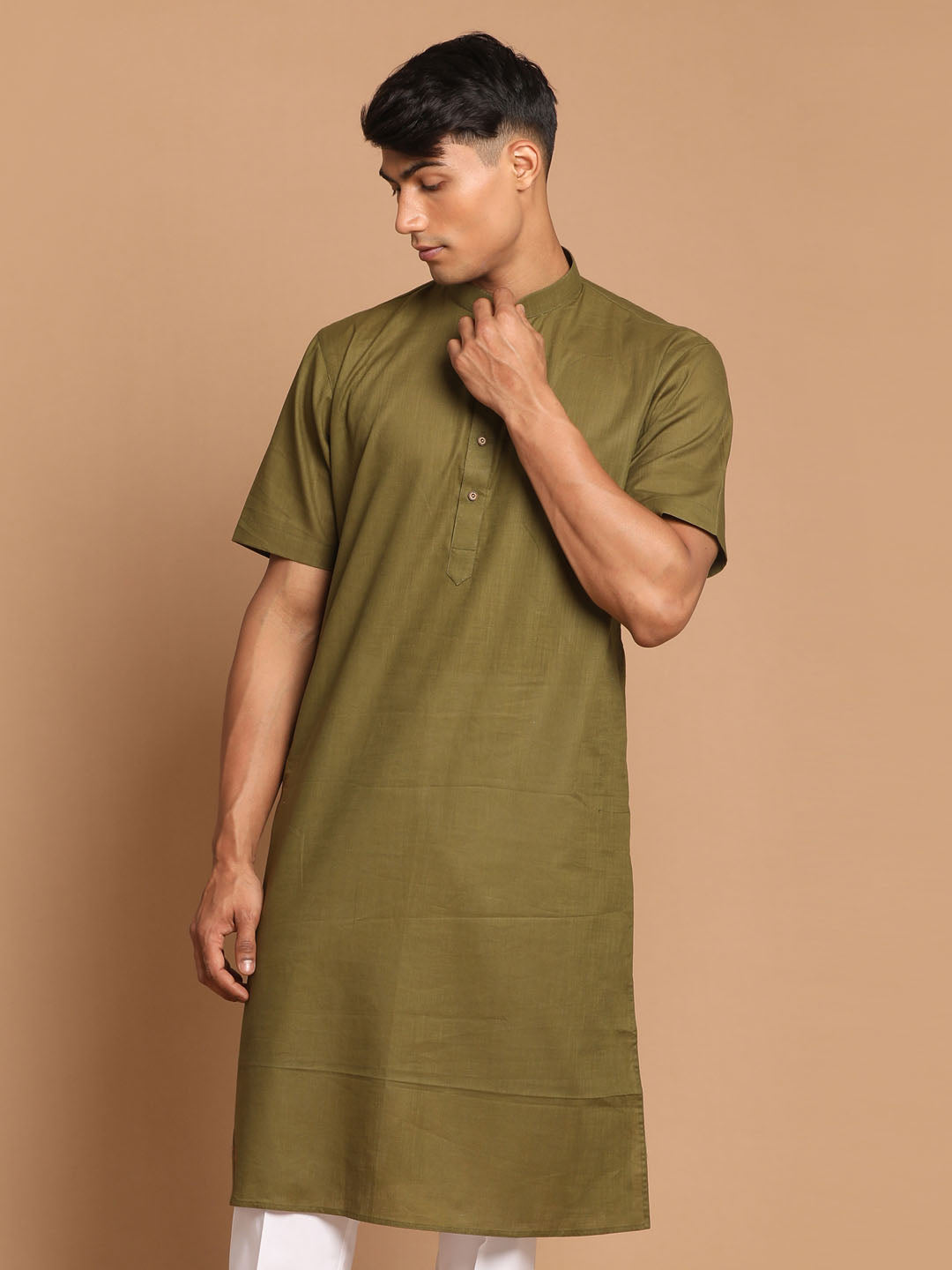 Vastramay Men's Olive Green Solid Kurta