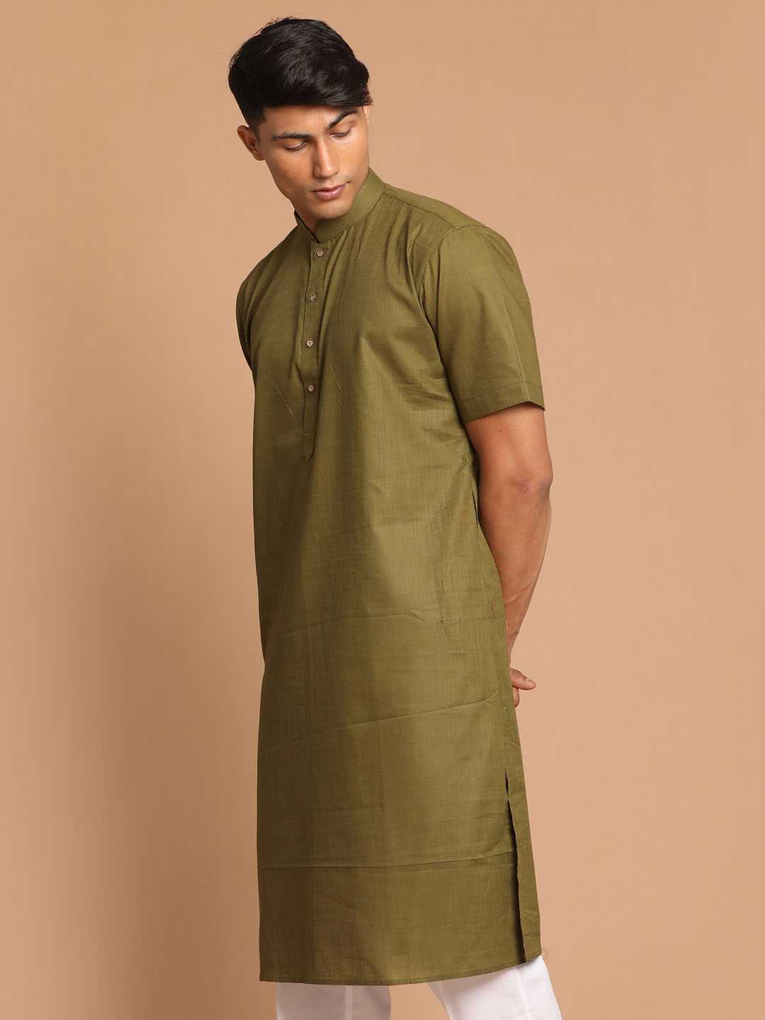 Vastramay Men's Olive Green Solid Kurta