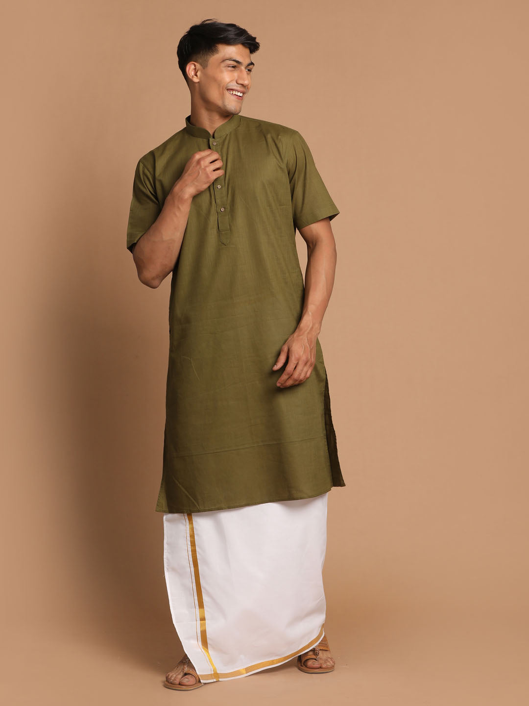 Vastramay Men's Olive Green Cotton Kurta And Mundu Set