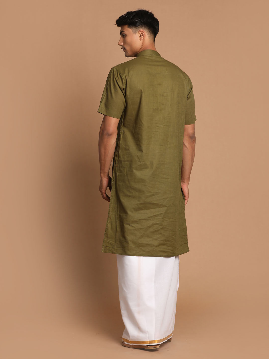 Vastramay Men's Olive Green Cotton Kurta And Mundu Set