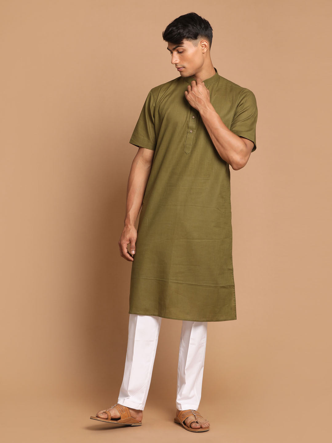 Vastramay mens mint green solid kurta with white pant style cotton pyjama set 1