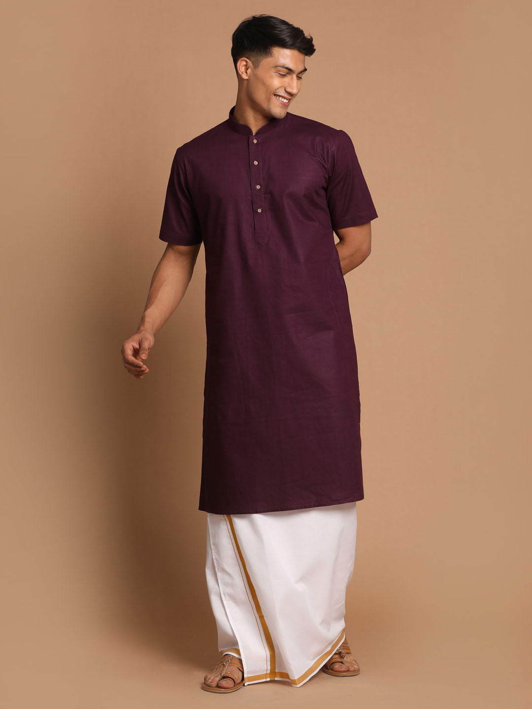 Vastramay Men's Purpple Cotton Kurta And Mundu Set