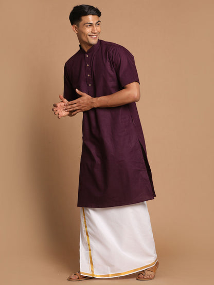 Vastramay Men's Purpple Cotton Kurta And Mundu Set