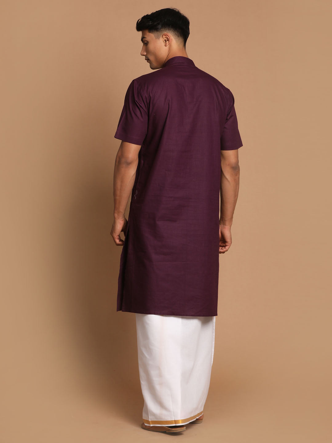 Vastramay Men's Purpple Cotton Kurta And Mundu Set