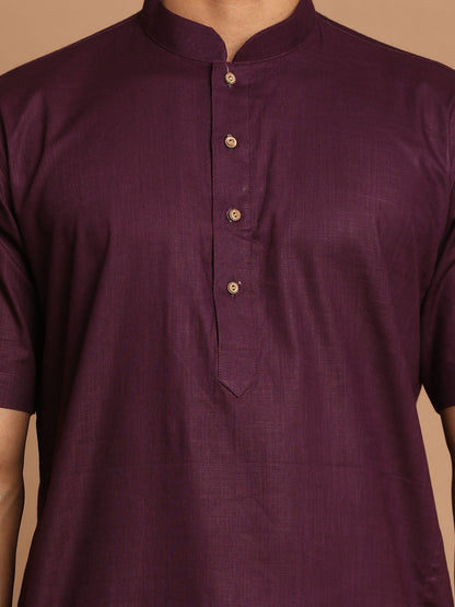 Vastramay Men's Purpple Cotton Kurta And Mundu Set