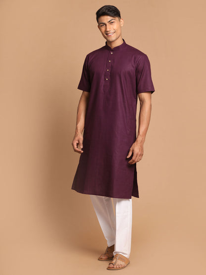 Vastramay mens purple color solid kurta with white pant style cotton pyjama set