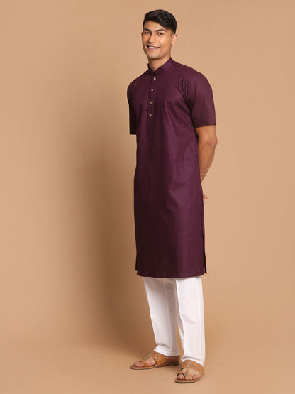 Vastramay mens purple color solid kurta with white pant style cotton pyjama set