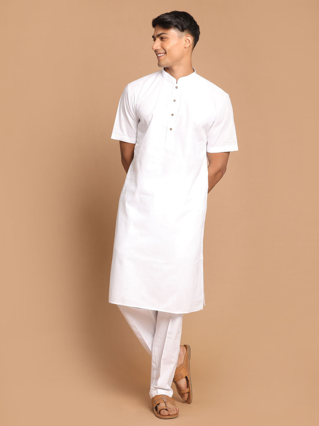 Vastramay mens white solid kurta pant style cotton pyjama set 1